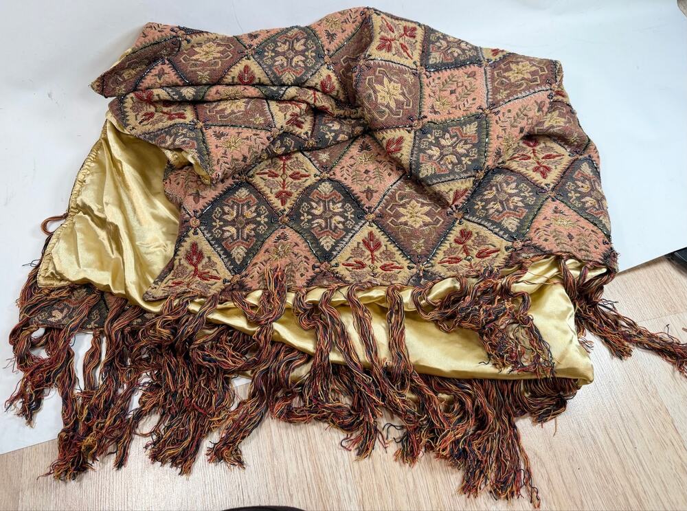 Vintage Pier 1 Imports Boho Beaded Fringed Diamond Tapestry Throw Blanket